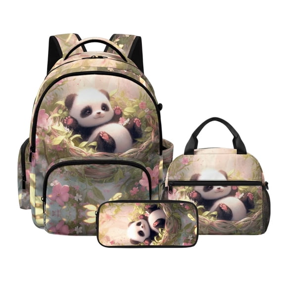 Kuiaobaty Panda Floral Print Backpack and Lunch Bag Set for Kids Large Capacity Backpack Pencil Case with Bottle Holder Roomy Casual School Bag with Lunch Box for Travel Camping Picnic