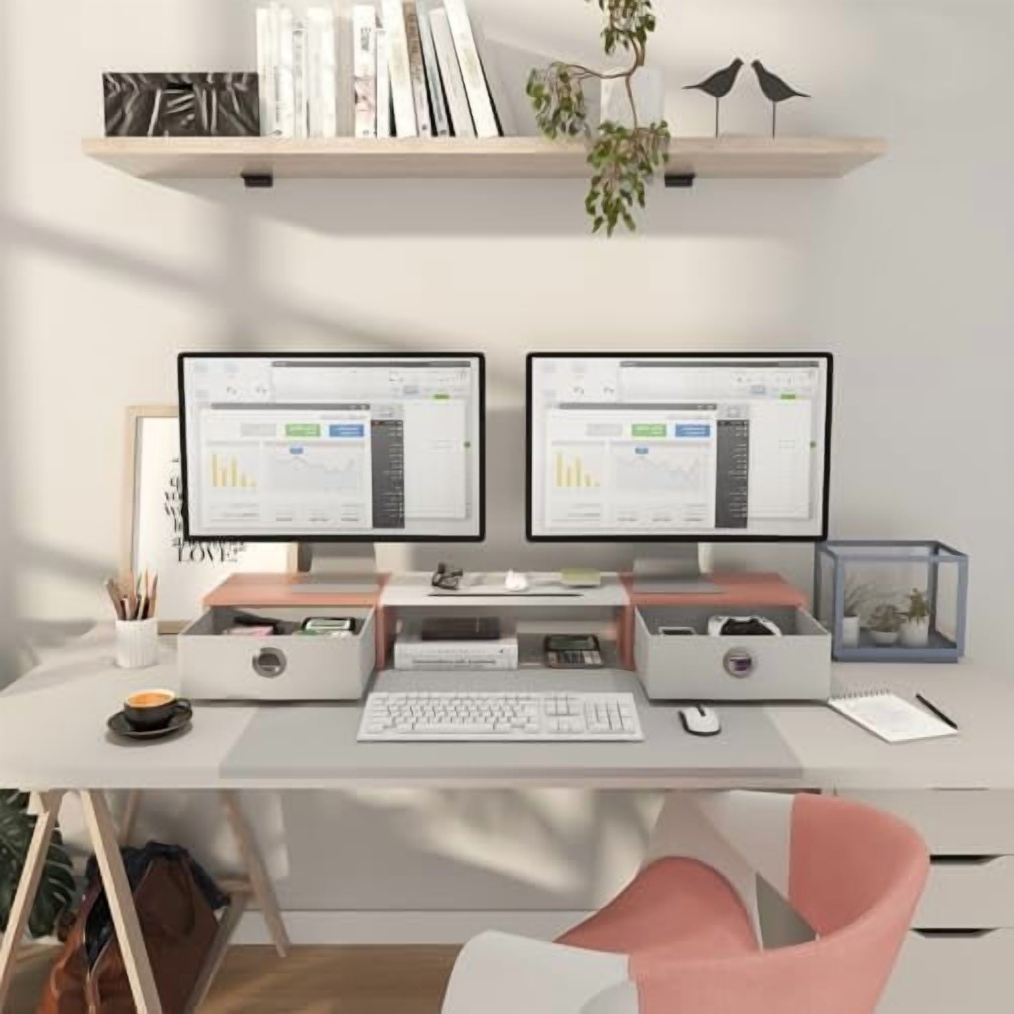 Dual Monitor Stand Riser with Two Drawers, Extra Large Storage Monitor Stand for 2 Monitors, Desktop Oraganizer Stand for Computer,Laptop,Screen,Printer,TV