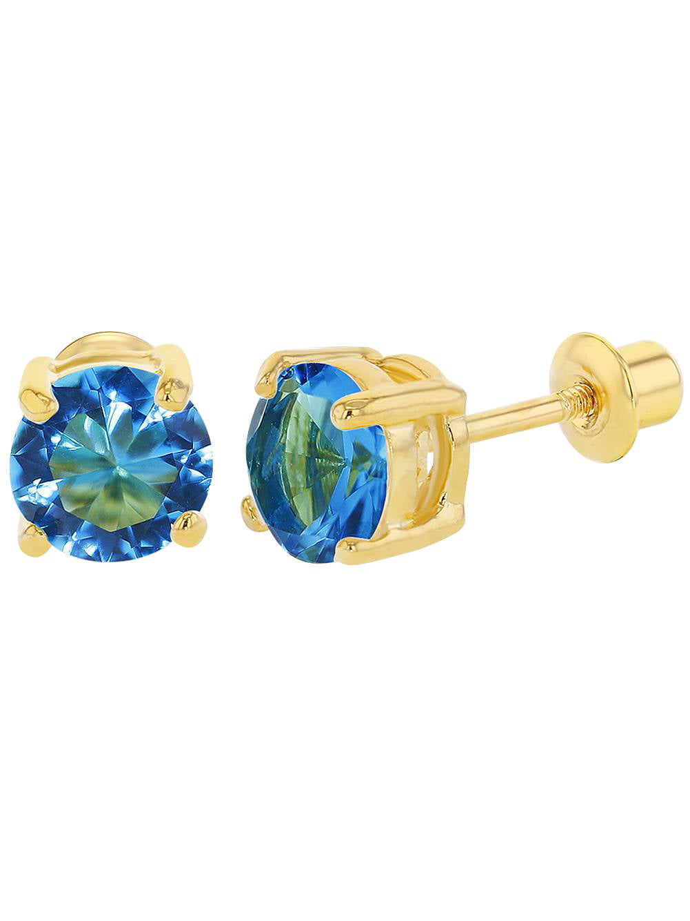 18k Gold Plated March Blue CZ Round Screw Back Earrings for Girls 6mm 