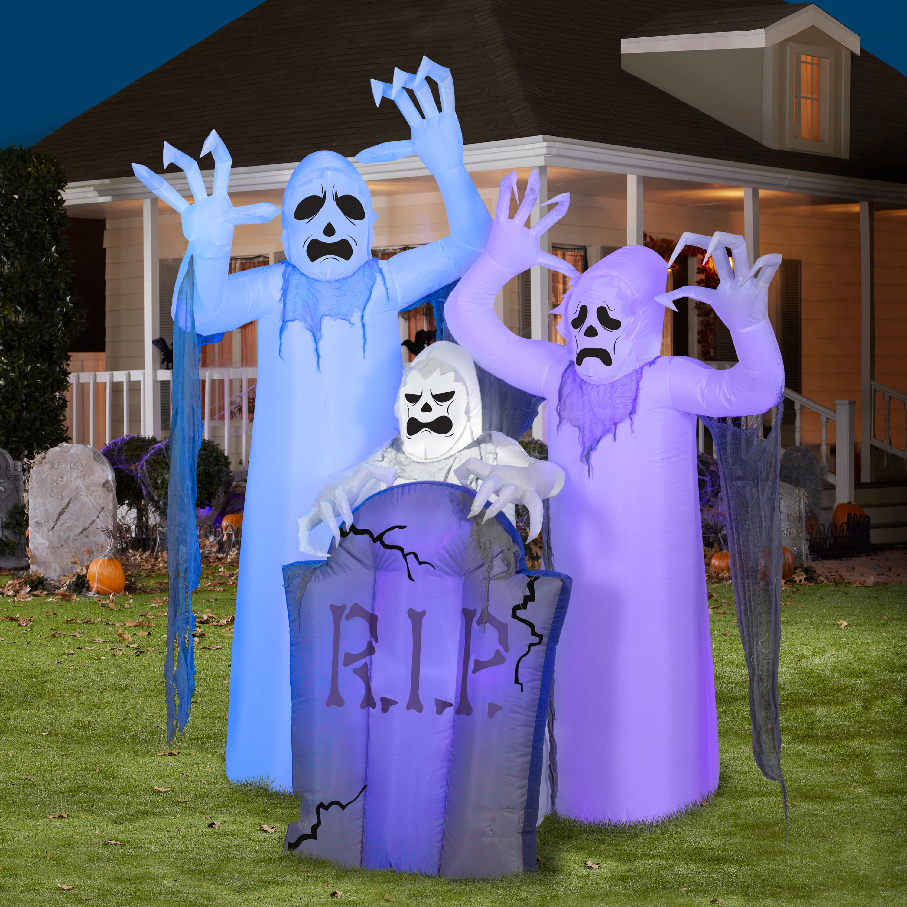 Halloween Inflatable Shortcircuit Ghosts Trio With Tombstone Scene Ebay