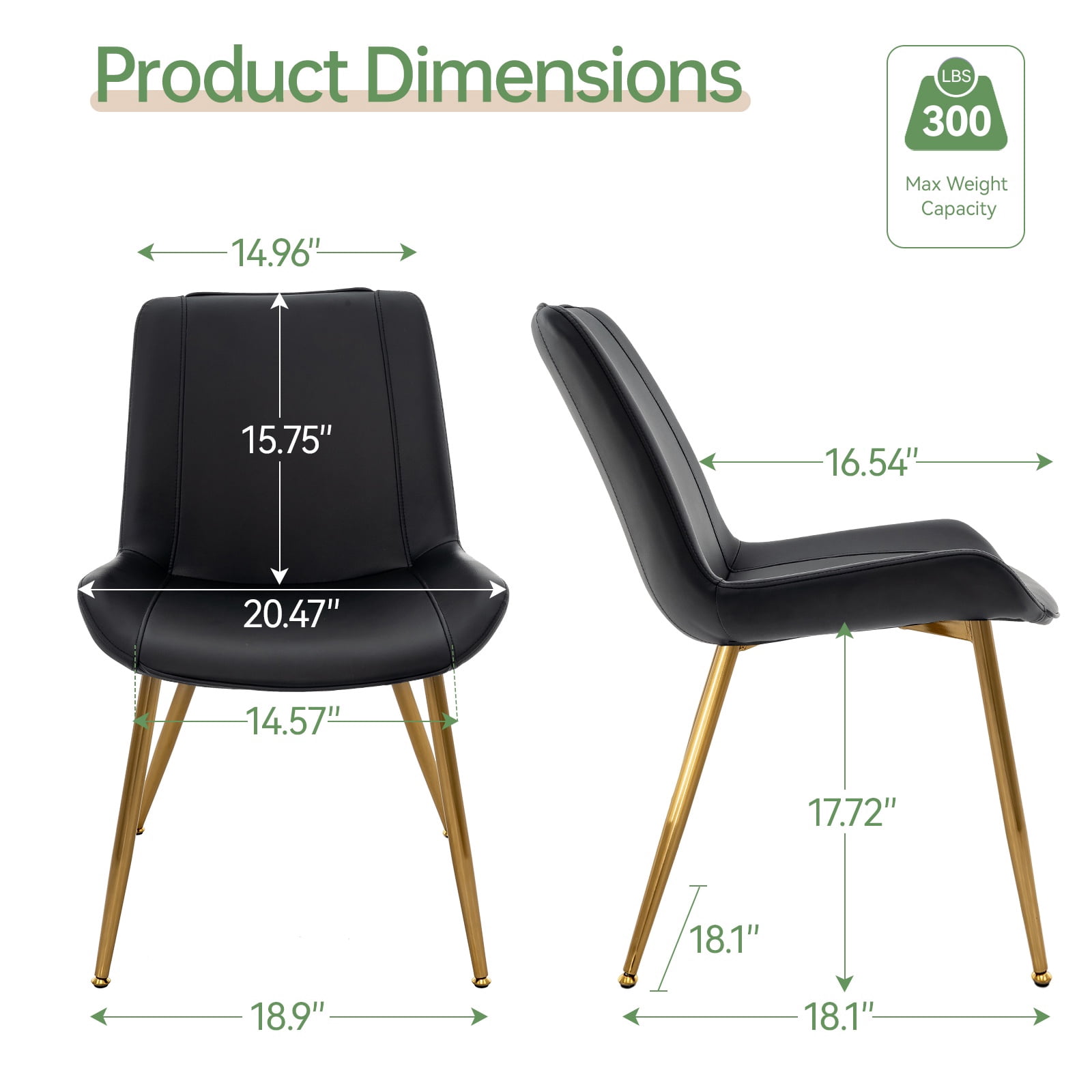 Modern Faux Leather Dining Chairs Set of 2, Upholstered Kitchen & Dining Room Chairs with Backrest, Durable Metal Legs(Black, Gold Legs)