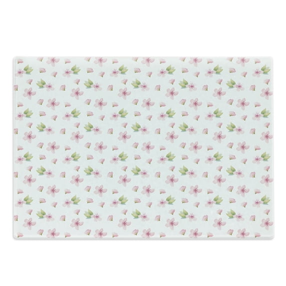 Cherry Blossom Cutting Board, Fresh Spring Meadow Fragrance Joy and Love Tender Season Flowers, Decorative Tempered Glass Cutting and Serving Board, Large Size, Pale Pink Green White, by Ambesonne