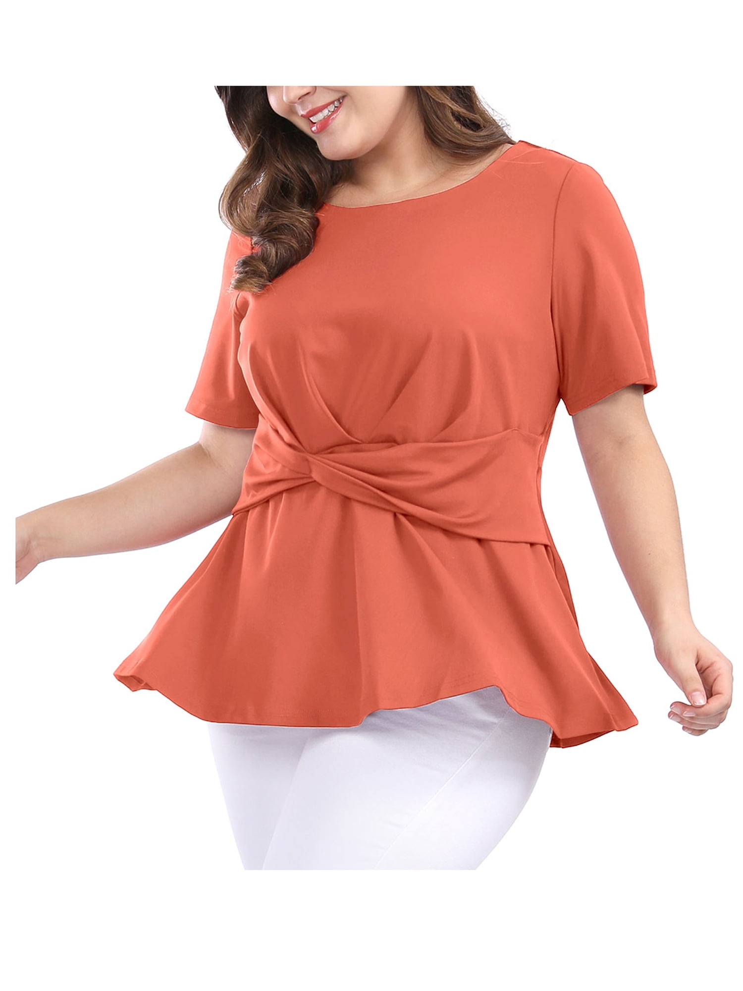 Women's Plus Size Knot Front Short Sleeve Peplum Top
