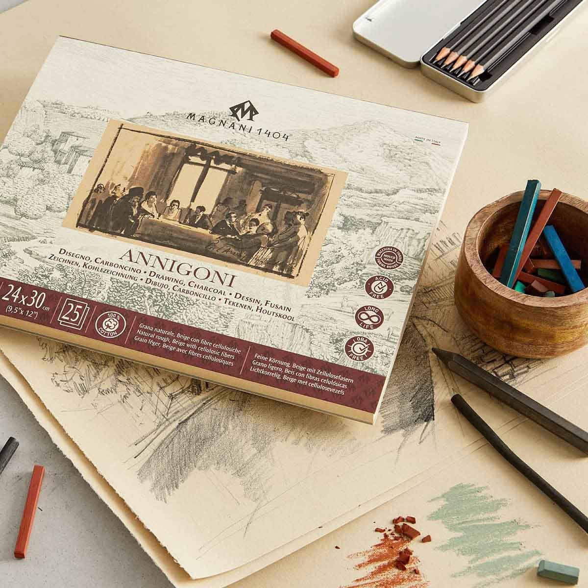Magnani 1404 Annigoni Drawing Paper Pad 7x10", 25 Sheet Sketch Pads for Artists, 100% Cotton, Acid-Free Archival Art Sketchbook, Beige Sketching Paper Ideal for Mixed Media, Made in Italy