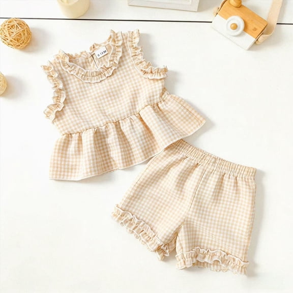 Toddler Baby Girl 2Pcs Summer Plaid Outfit Sleeveless Ruffle Peplum Tank Top & Shorts Set
