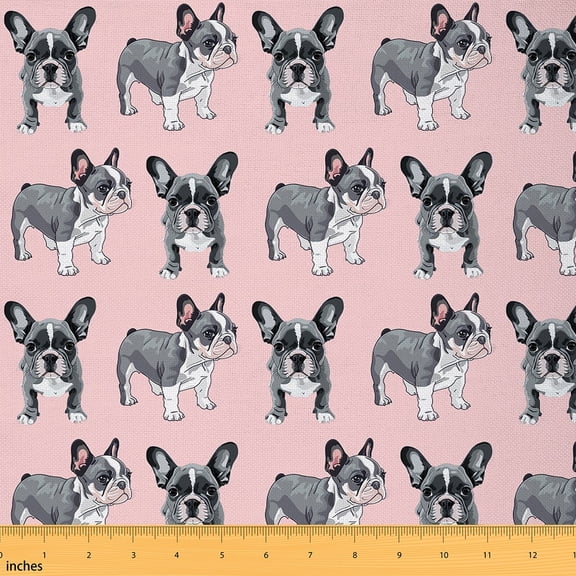 Manfei Cute Gray Pug Fabric by the Yard (1 Yard) for Girls Pink Decorative Fabric by the Yard, Dog Theme Sewing & Crafting Fabric