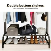 Heavy Duty Clothing Garment Rack, Freestanding Hanger Double Rail Clothing Rack Multi-functional Bedroom Wardrobe Clothes Organizer Stand Double layer 2 Shoe Shelves