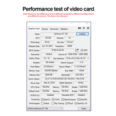 GT730 2GB GDDR5 Graphics Card 128 Bit 700MHz 40Nm PCle X16 2.0 VGA DVI HDMl-Compatible Video Card