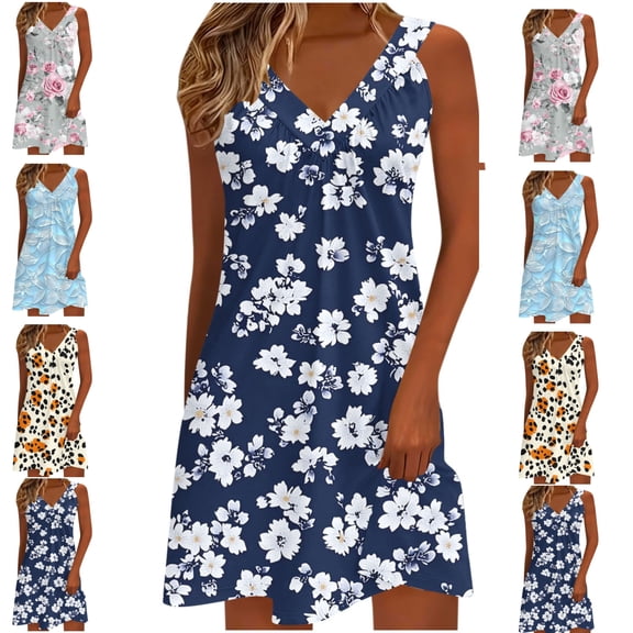 Gamivast Summer Dresses for Women 3D Floral Print V-Neck Sleeveless Sundress Casual Summer Style A-Line Mini Dress Boho Beach Outfits Party Tank Dress