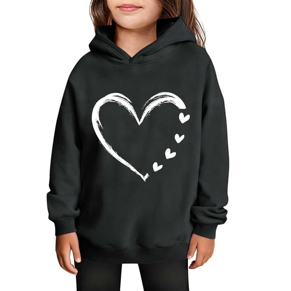 Lenpel Boys Girls' Hoodies Unisex Children Casual Long Sleeve Heart Printed Hooded Sweatshirts Pullover Sweatshirt Tops(Black,13-14 Years)