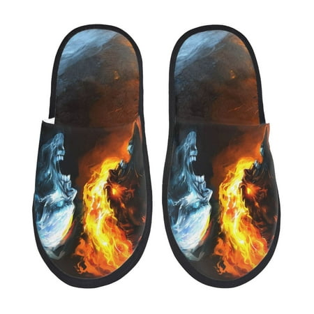 Balery Red And Blue Fire Skull Warrior Slient Indoor Furry Fleece Comfort House Shoes Soft Non-Slip Home Shoes Cotton slippers House Slippers-- Medium