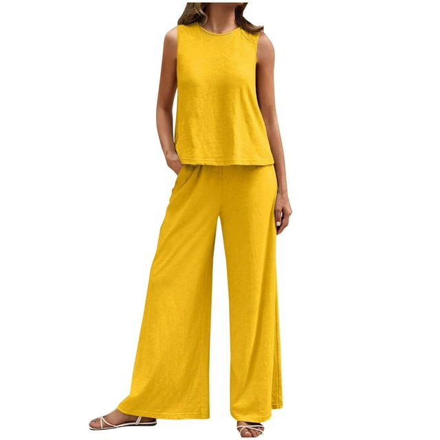 Timegard Ensembles 2 Pcs pour Femmes Débardeur Col Rond Pantalon Grand Taille Haute Tenues Décontractées Confortables