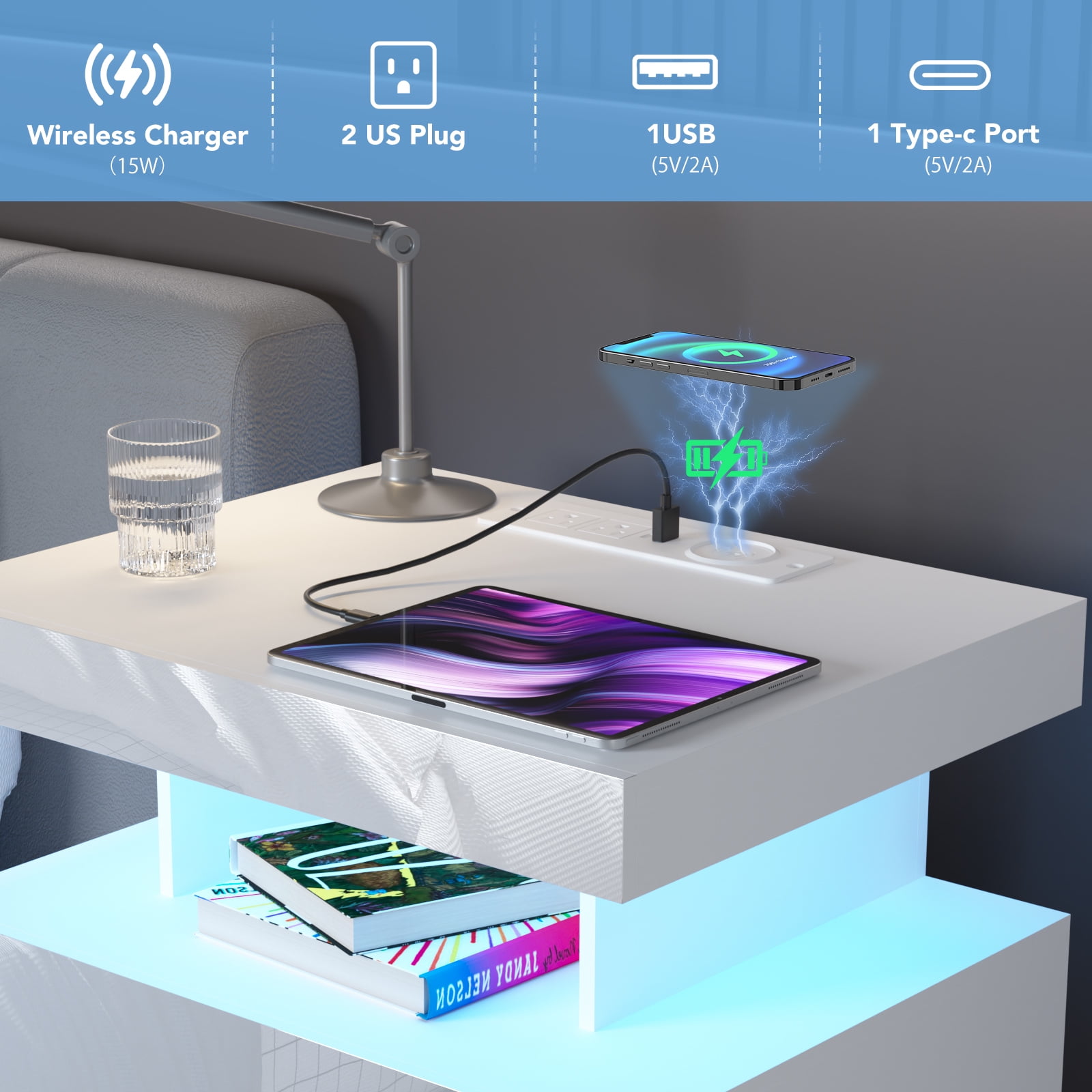 Hommpa Modern LED Nightstand with Charging Station USB Type C 3 Drawer Bedside Table High Gloss White Smart Nightstands End Side Table for Bedroom