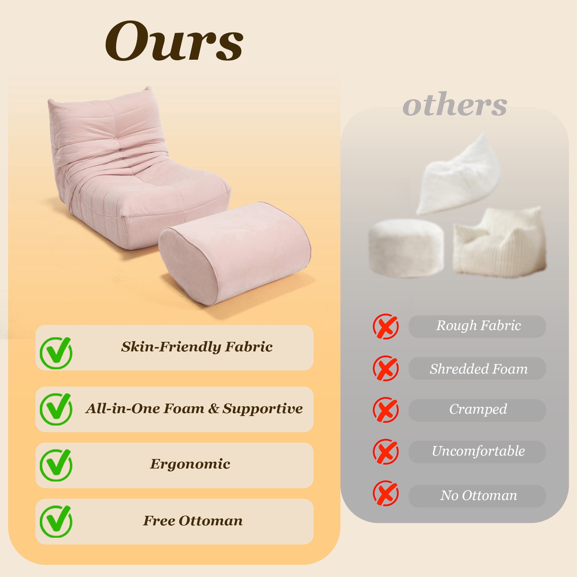 MOONMISS Chenille Fabric Chaise Lounge Chair with Ottoman, Ergonomic Lazy Sofa for Adults, Soft Cloud Couch for Living Room, Bedroom, Pink