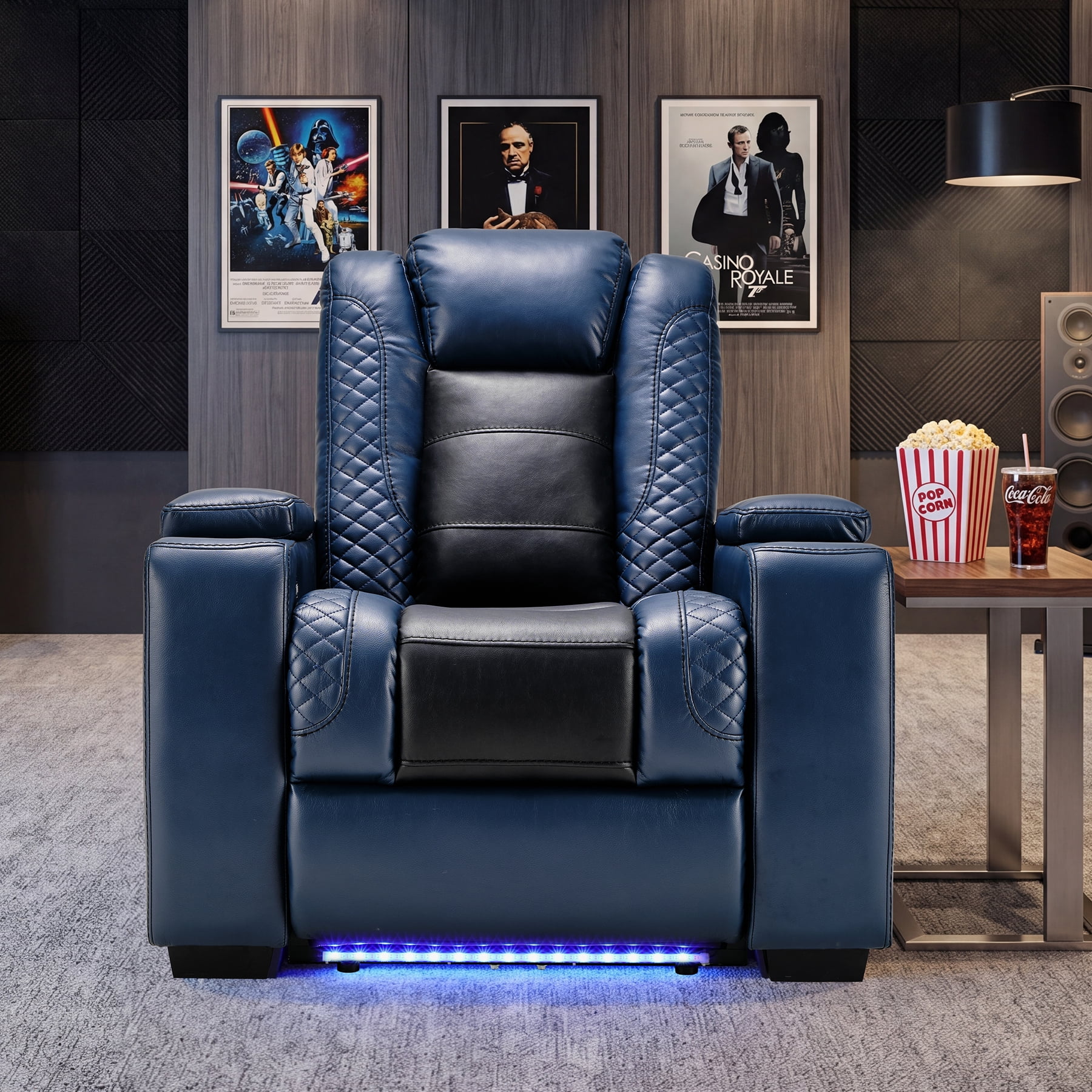 Bonzy Home Electric Recliner Chair with LED Lighting, Adjustable Headrest, USB Ports & Cup Holders, Hidden Arm Storage, Home Theater Seating Reclining Chair, Blue