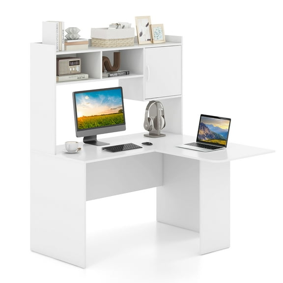 Gymax L-Shaped Desk w/ Open Storage Hutch Corner Computer Desk w/ Shelves & Cabinet