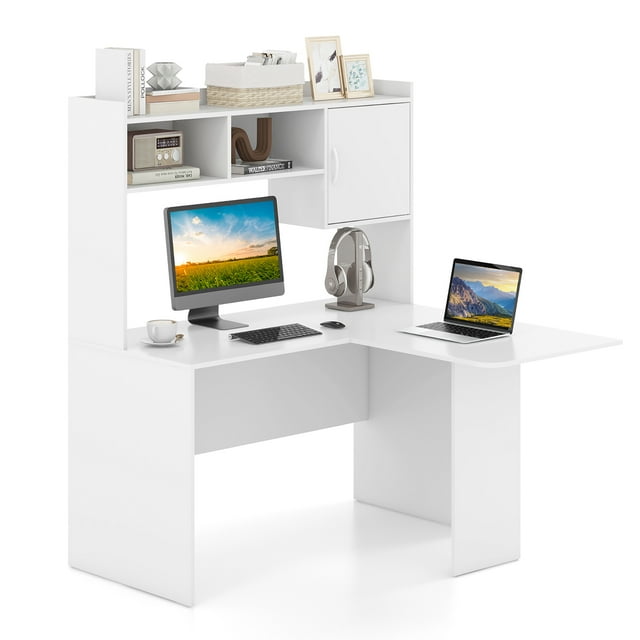 Gymax Bureau en L avec Huche de Rangement Ouverte, Bureau d'Ordinateur d'Angle avec Étagères et Armoire