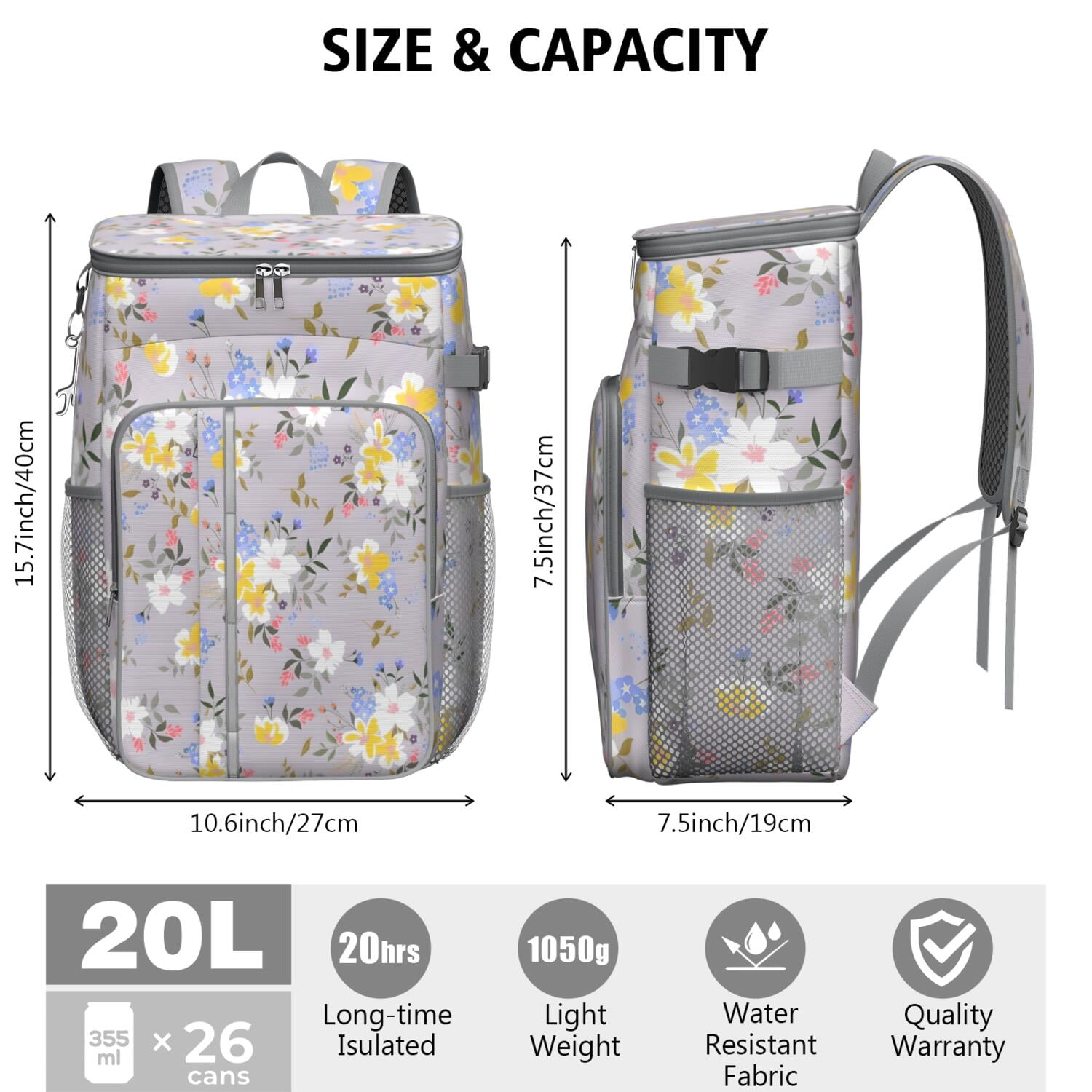 Travel Cooler Bag - Pioneer Flower Floral Print Pattern Camping Beer Cooler Backpack with Bottle Opener- Waterproof Insulated Picnic Backpacks - Cooler Bag for Beach
