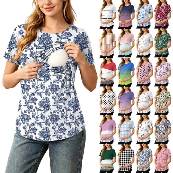 Frostluinai Womens Maternity Nursing Tops Floral Print Double Layer Easy Lift Up Crew Neck Short Sleeve Breastfeeding Blouse S-4XL