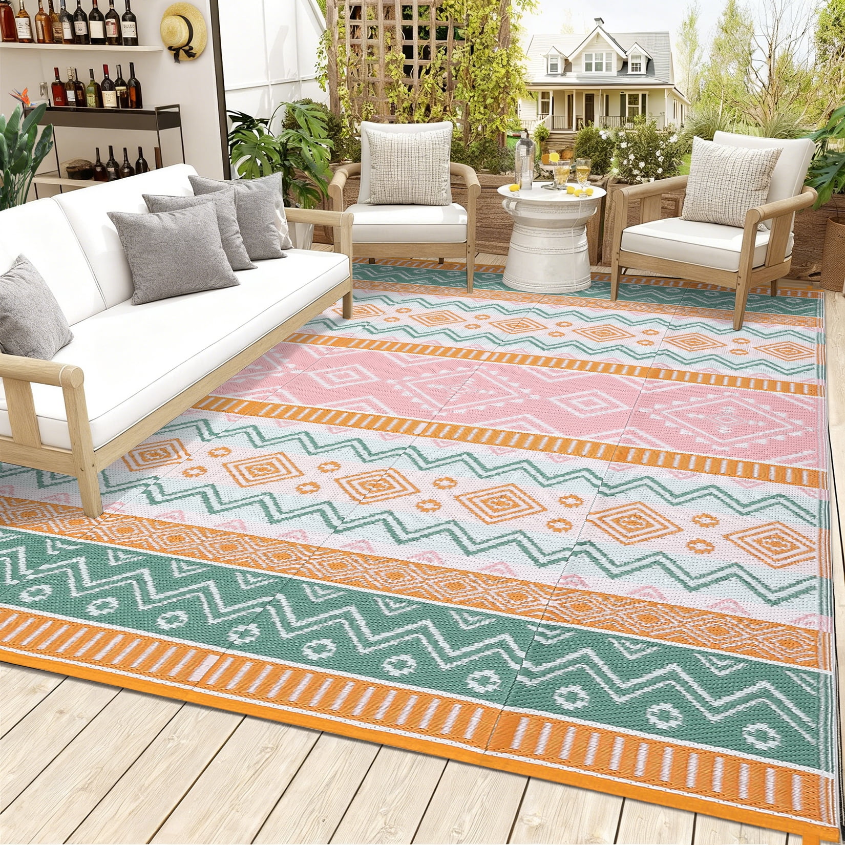 HIWEAVER 8' x 10' Pink/Green Outdoor Rug PP Plastic Straw Woven Waterproof Patio Rug with Border Portable Outside Carpet for Balcony Deck Picnic Garden Decor