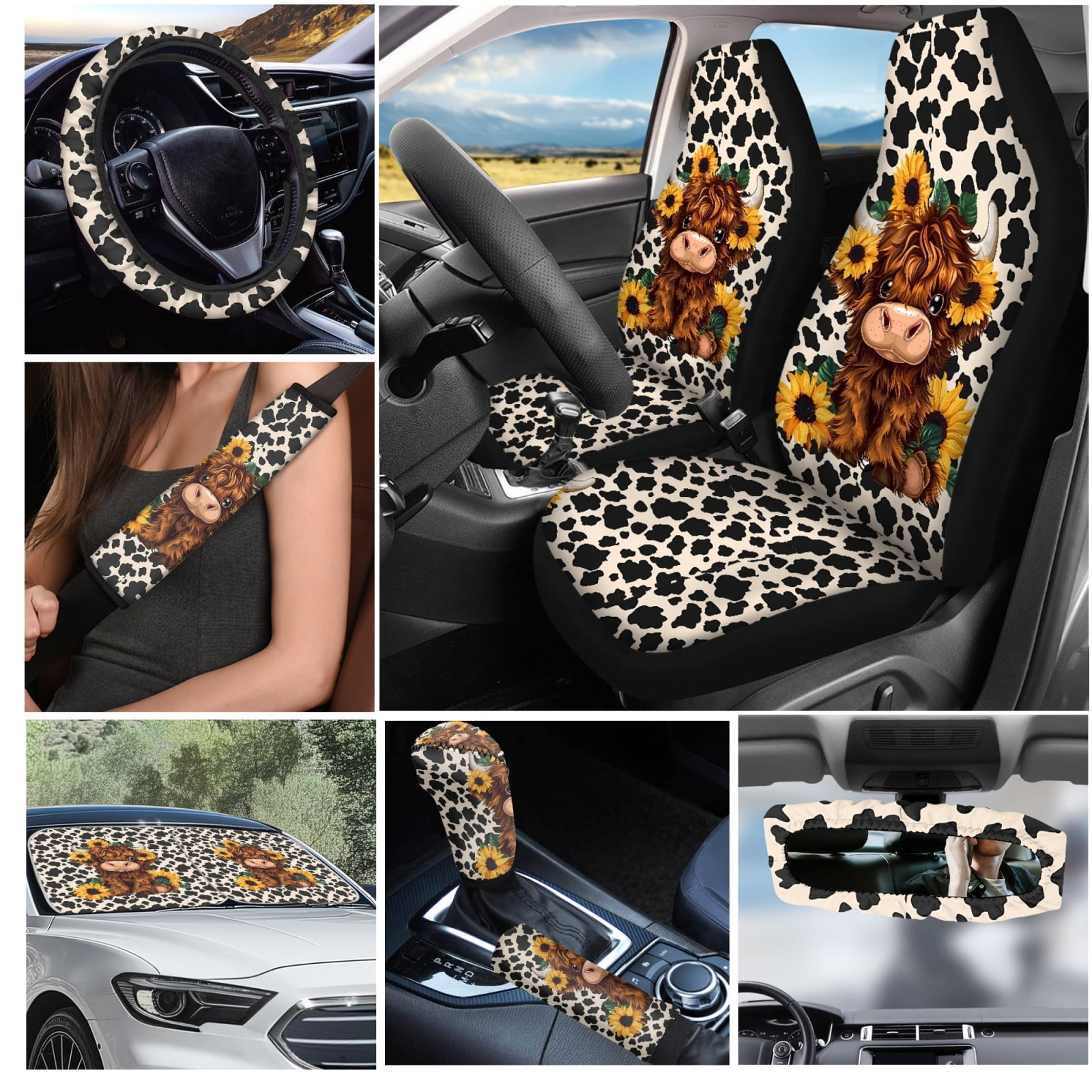 Yuyamidu 16 PCS Highland Cow Car Seat Covers and Steering Wheel Cover Sunflower Car Windshield Sun Shade Seat Belt Pad Cover Gear Shift Hand Brake Cover Rear View Mirror Cover Cup Holders Keychain