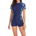 thumbnail image 6 of nerohusy Women's Tropical Short Sleeve Zip Front One Piece Swimsuit Shorts Rash Guard Bathing Suit Zipper Front Boyleg Diving Surfing Swimwear,Blue,XL, 6 of 6