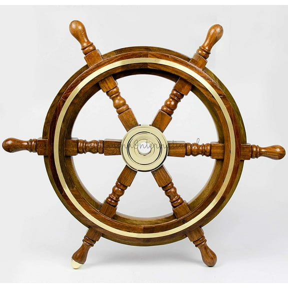 Nagina International Wooden Nautical Captain's Steering Ship Wheel With Brass Ring & Hub - Pirate Home Ocean Beach Decor Gift - Nursery Wall Hangings (18 Inches)