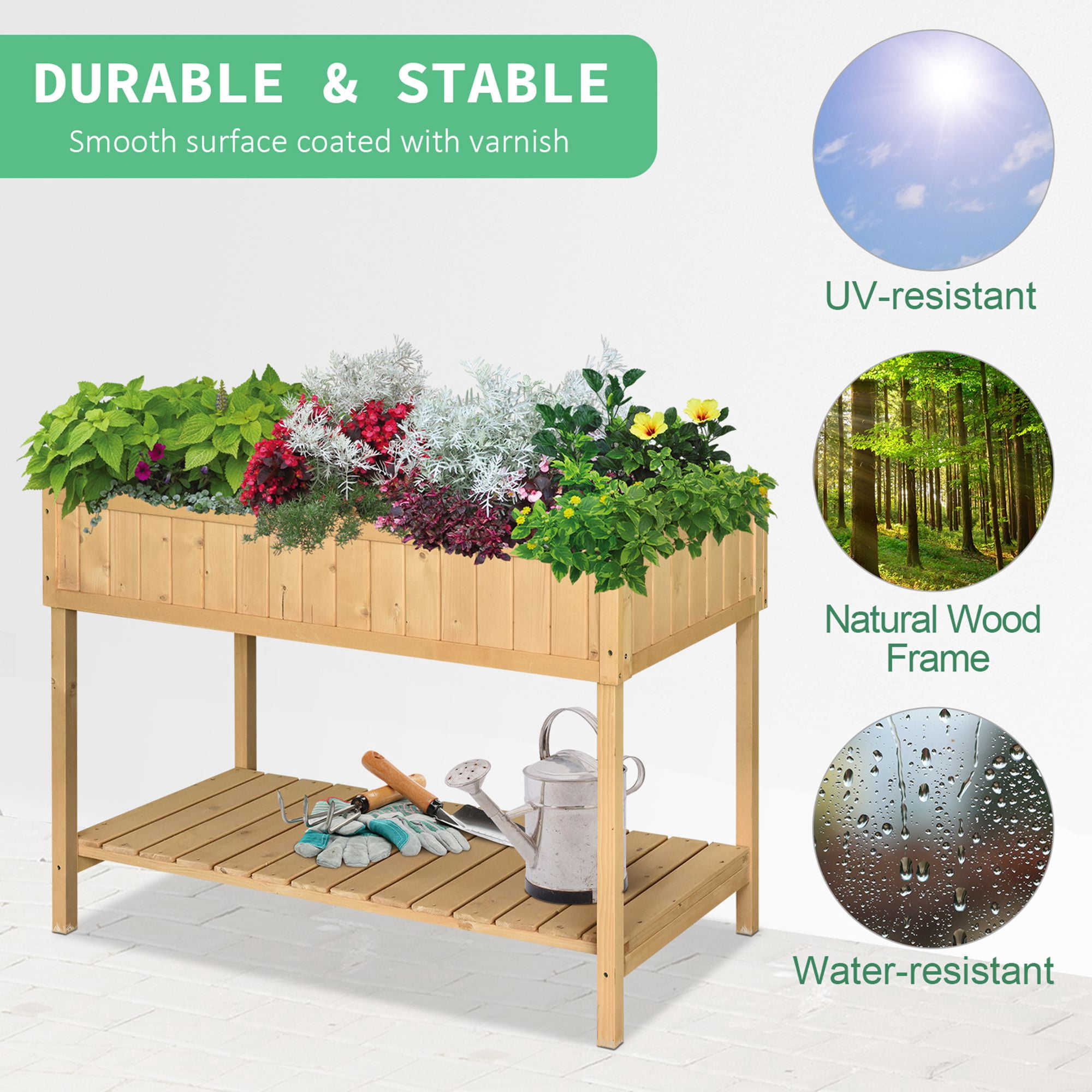 Raised Garden Bed with 8 Pockets and Shelf, Wooden Elevated Planter Box with Legs to Grow Herbs, Vegetables, and Flowers, Natural 43x18x30"
