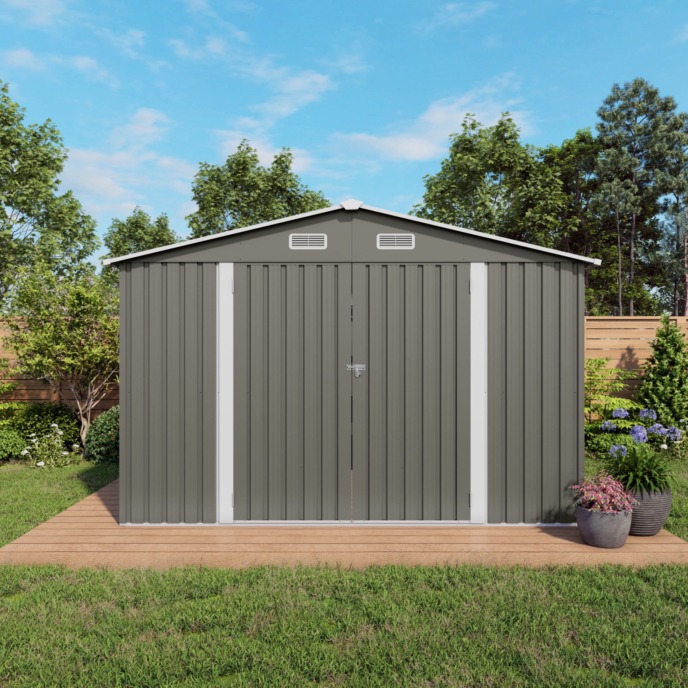 Noble House 10 x 8 FT Outdoor Metal Storage Shed with Lockable Doors, Window and Air Vents, Gray