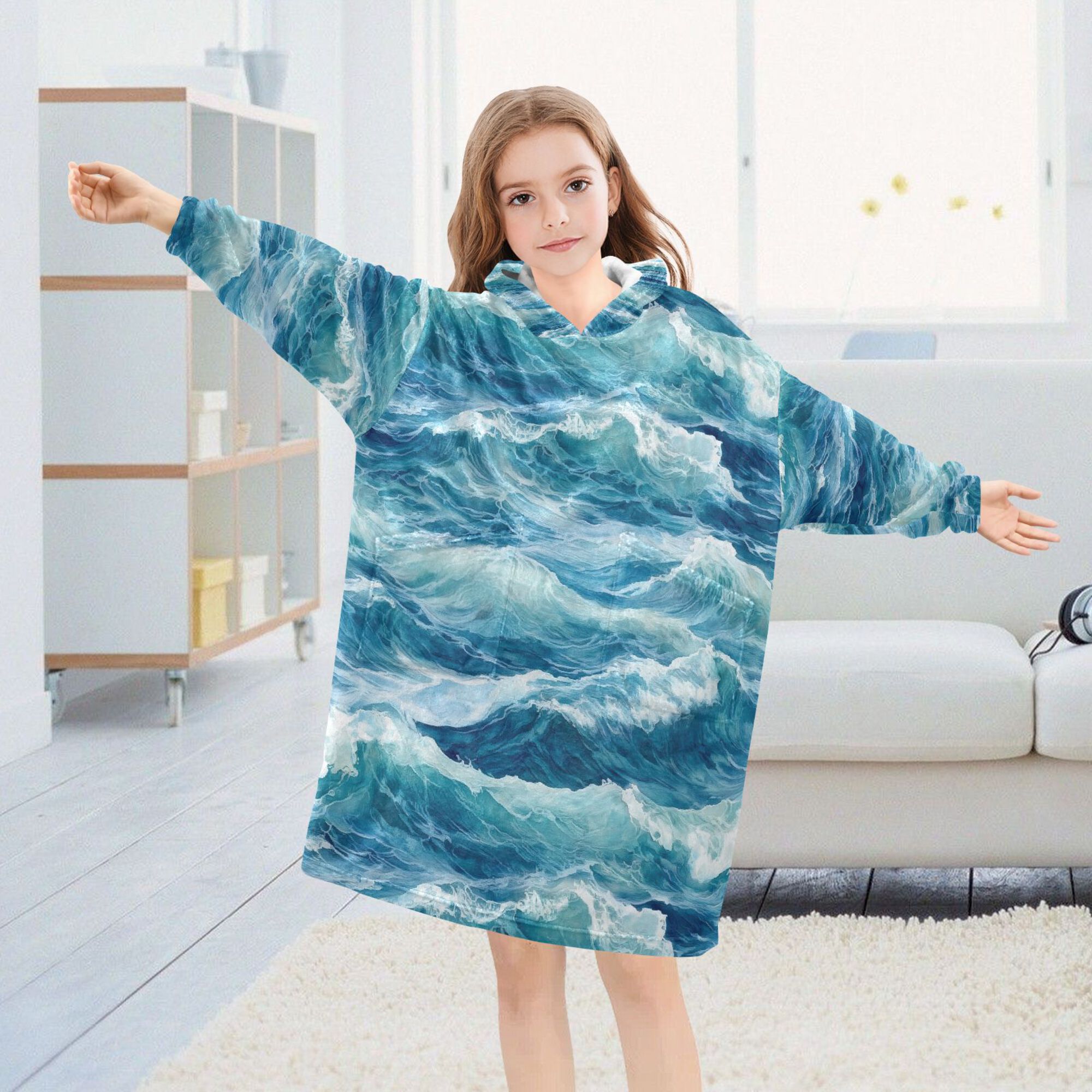 FORMRS Wearable Blanket Hoodie with Sleeves for Kids Cozy Flannel Sweatshirt, Green Watercolor Ocean Waves