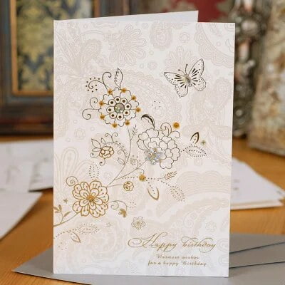 3 tarjetas de feliz cumpleaños elegantes blancas de piezas, tarjetas de felicitación de cumpleaños de mujer con flores doradas y plateadas