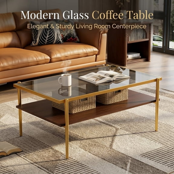Modern Rectangle Coffee Table with Gray Tempered Glass Top, Gold Metal Frame and Walnut MDF Storage Shelf, 2-Tier Living Room Center Table, 38.39"