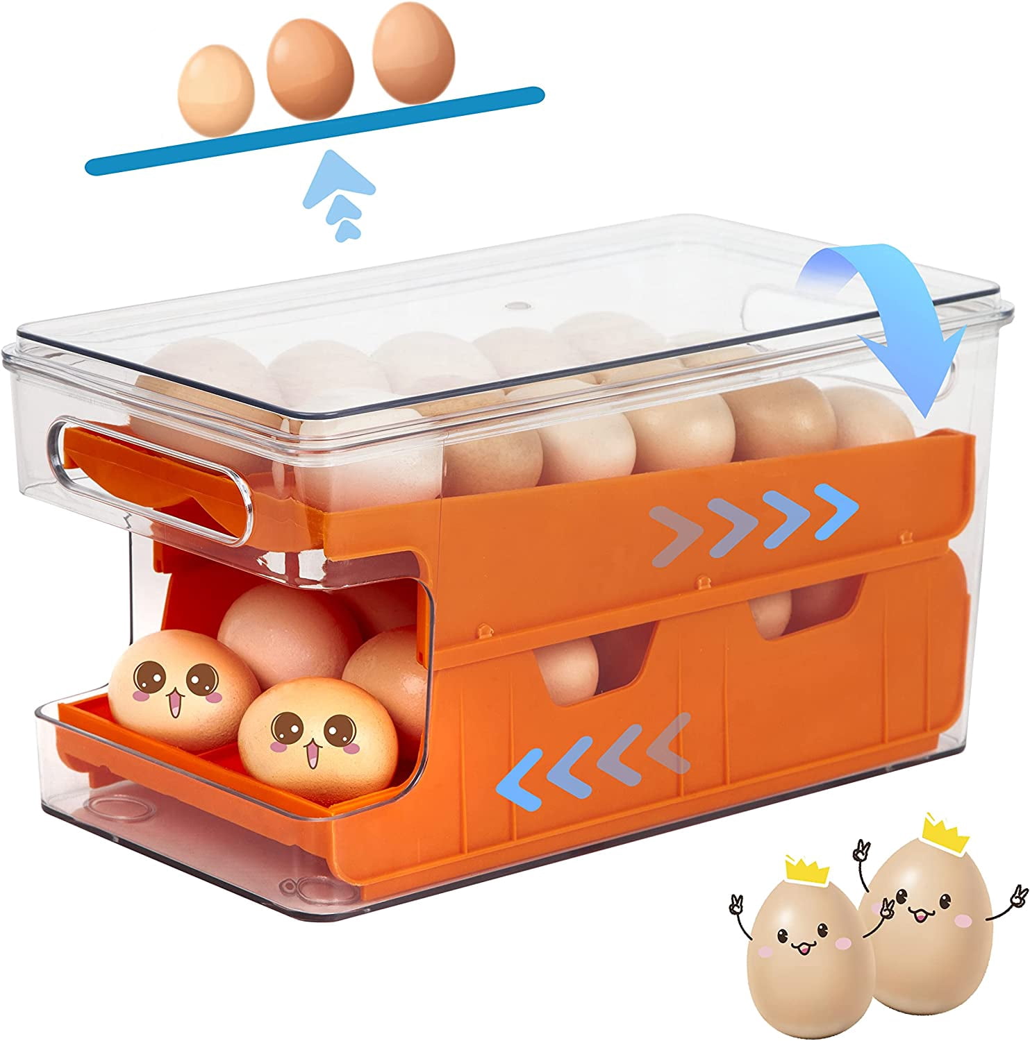Container For Eggs, Stackable Fridge Egg Organizer With Lid, Storage Container Tray, Holder for Refrigerator, Large Capacity Double track Automatic Rolling (ORANGE)