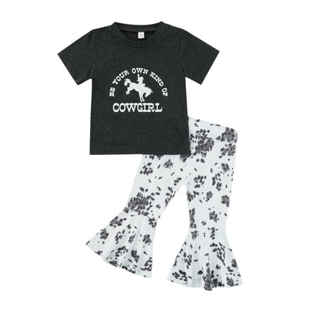 

Suanret 2Pcs Kids Little Girls Summer Outfits Letter Cowgirl Print Short Sleeve Round Neck T-shirt + Flared Pants Grey Black 4-5 Years