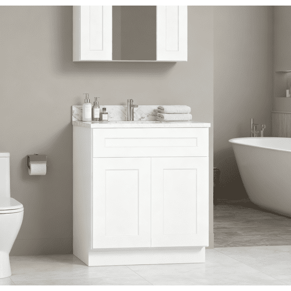 White Shaker Solid Wood 2 Soft-Close Doors, 1 Interior Adjustable Shelf Base Cabinet,for Kitchen, Laundry,and Bathroom Storage Ready to Assemble (30 Wx34.5 Hx24 D)