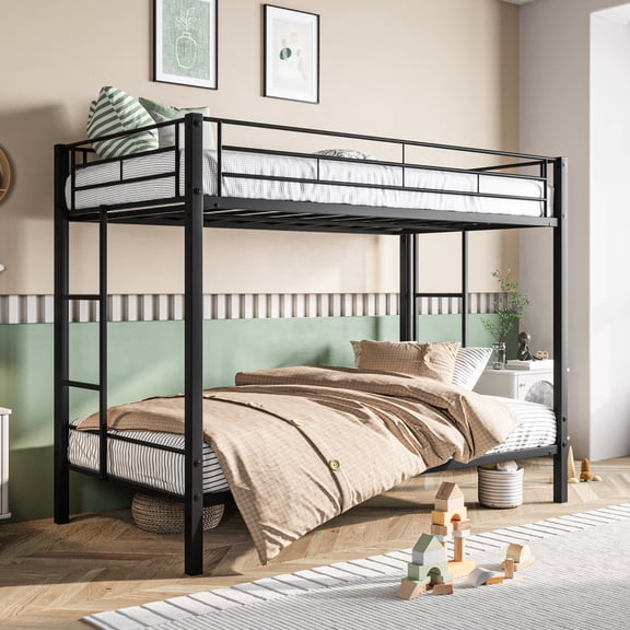 Metal Twin Bunk Bed With Slatted Support - 400 Lbs Weight Capacity, No Box Spring, Black Heavy Duty Shelf And Frame Finish