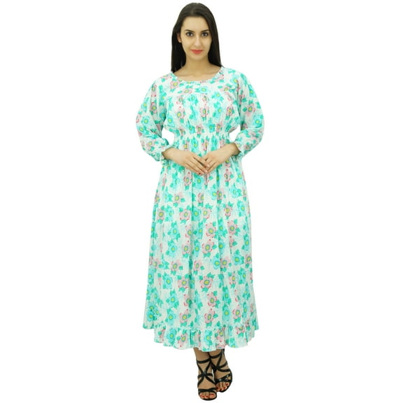 Bimba Women's Printed Cotton Smocked Waist Long Maxi Dress Boho Chic