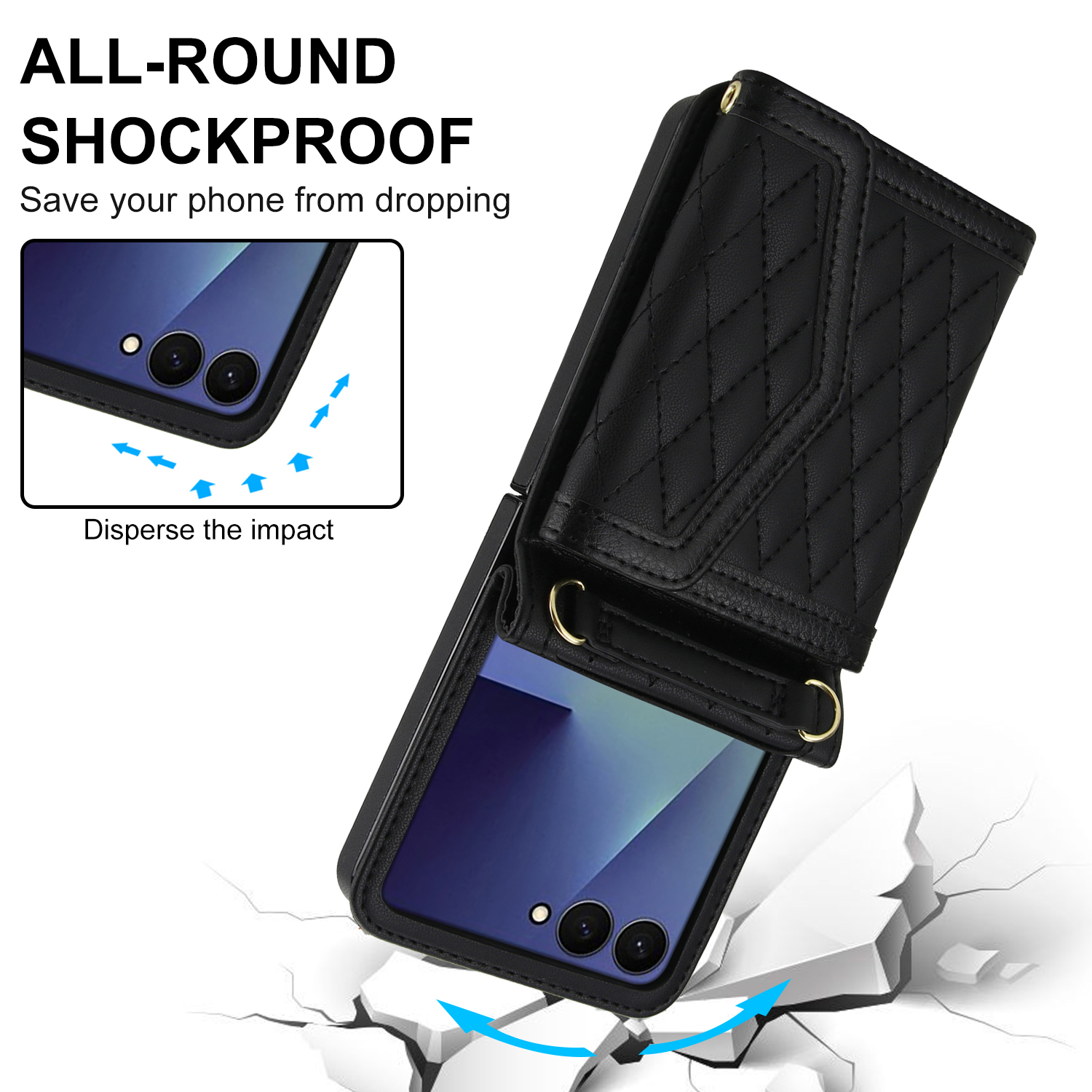 ShellTech for Samsung Galaxy Z Flip 7 PU Leather Flip Case with Wrist Strap, RFID Blocking PU Leather Crossbody Wallet Phone Case with Card Slot Cash Pocket Kickstand Case Cover,Black