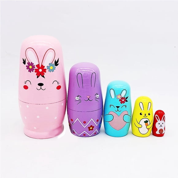 Lksixu 5 Pcs Easter Rabbit Russian Nesting Dolls, 5.7 inch Colorful Wooden Bunny Matryoshka Stacking Dolls, Handmade Rabbit Painted Stacking Toys Easter Decoration for Kids Home Party Wedding