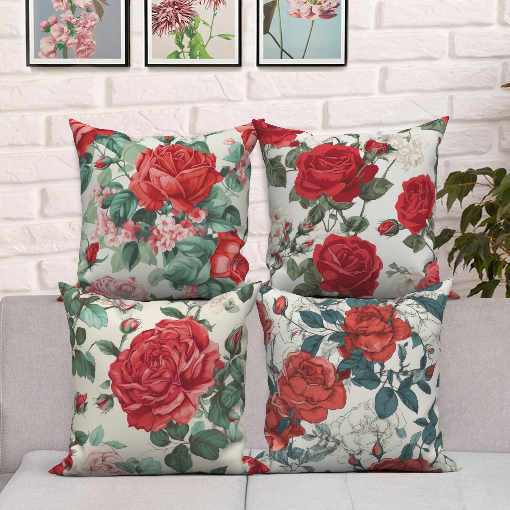 Pbobriich Red Romantic Roses Throw Pillow Covers Vintage Flower Bouquet Linen Square Pillowcases for Home Decor 16x16in,Set of 4