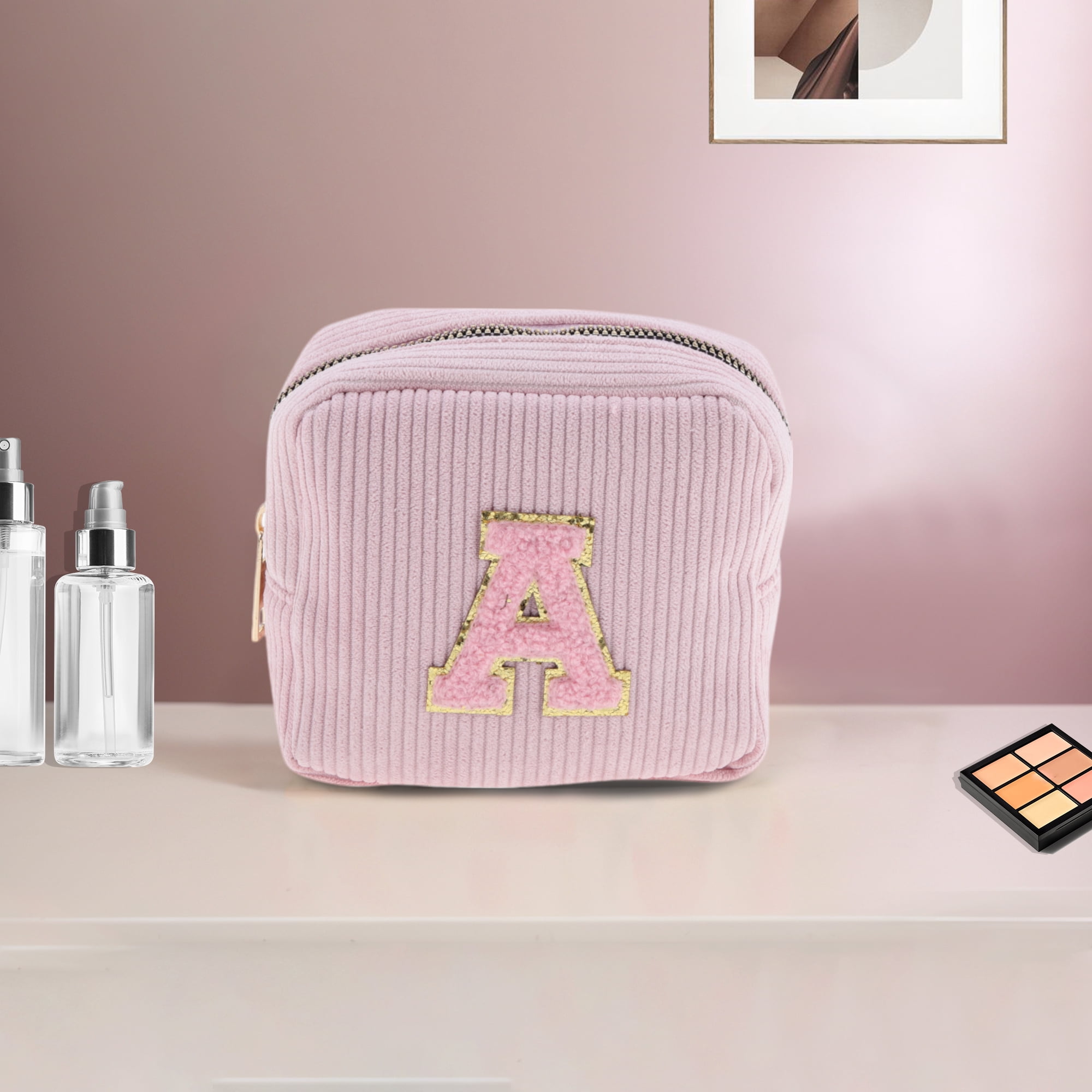 Unique Bargains 1 Pc Letter A Pattern Makeup Bag for Travel and Organization Pink