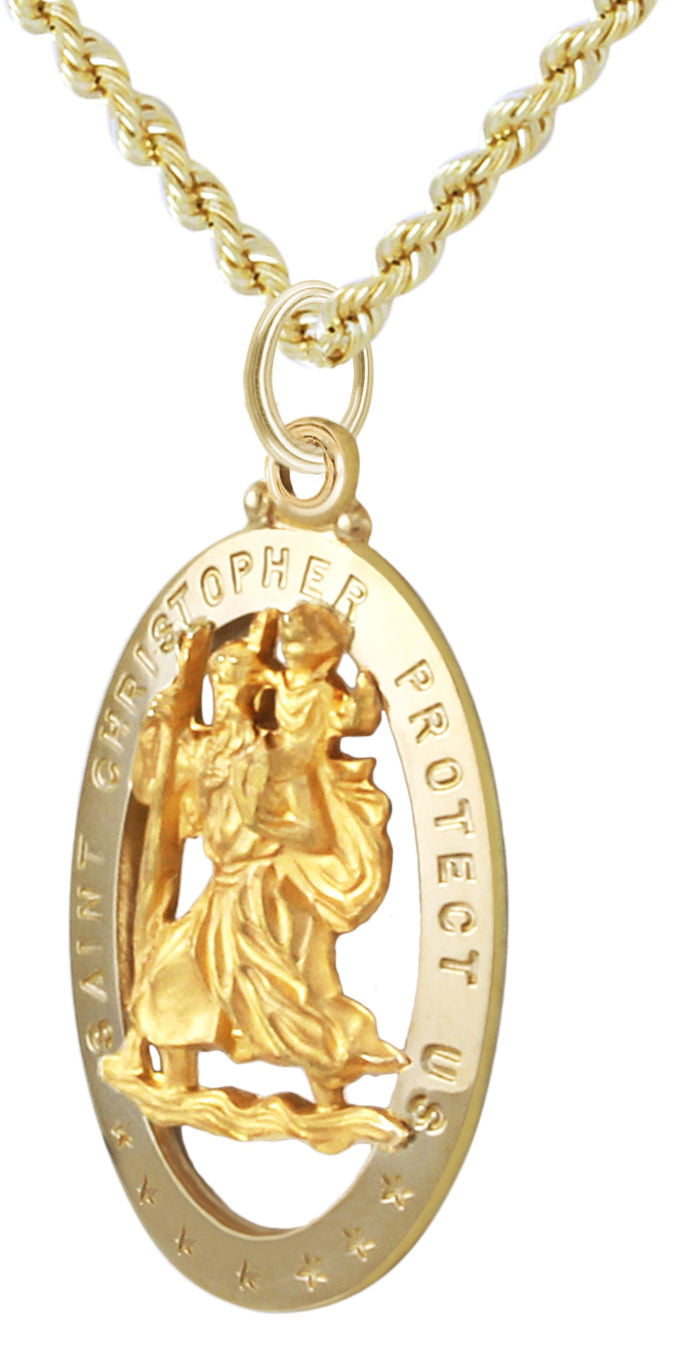 10k Yellow Gold Solid Satin Polished St Christopher Pendant 