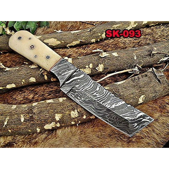 8" Long hand forged Damascus steel full tang Tanto blade custom made hunting Knife, Camel bone with Damascus Bolster, Cow leather sheath