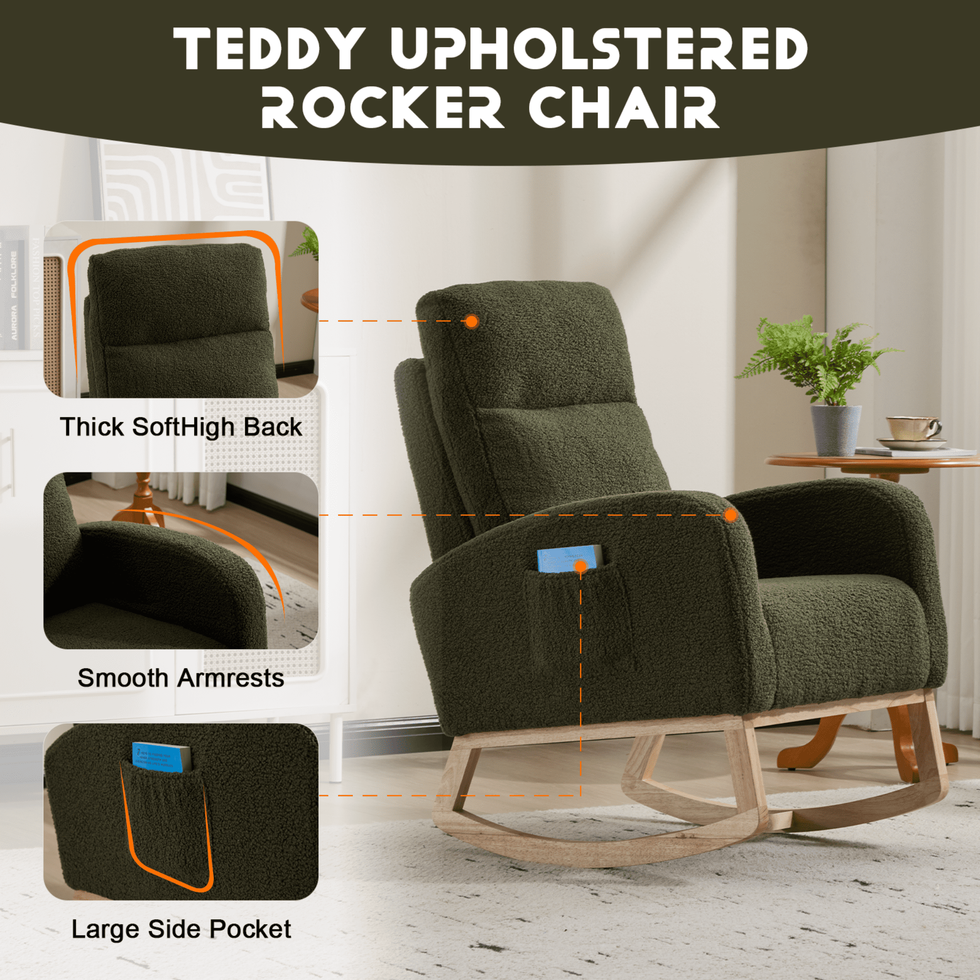 CARZZI LIFE Modern Nursery Rocking Chair, Teddy Upholstered Rocking Chair with Footrest, Comfortable Rocker Recliner with Side Pocket, Rocker Glider for Living Room, Bedroom, Nursing Room (Green)