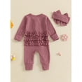 thumbnail image 4 of Suealasg Baby Girl Full Length Jumpsuit +Headband 3 6 12 Months Newborn Girl Long Sleeve Ruffle Zip Up Romper Bodysuits 2Pcs Infant Girl Fall Clothes, 4 of 8