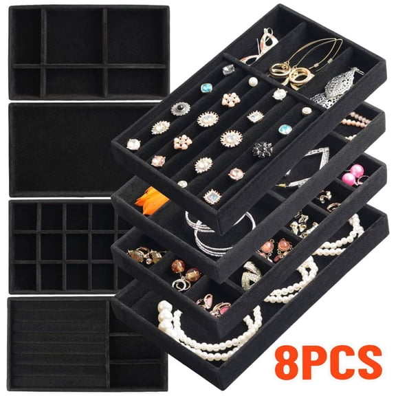 8 PACK Jewelry Organizer Drawer Organizer, Stackable Velvet Jewelry Tray for Earrings, Jewelry Organizers and Storage for Women, Jewelry Storage Display Case for Rings and Necklaces