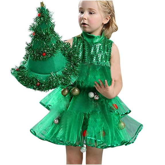 Zwiiyzr Princess Dresses for Girls 1-13 Years Old Kids Baby Tulle Sleeveless Cute Christmas Tree Ruffle Layered Dress   Hat 2 Piece Outfit Sets Green