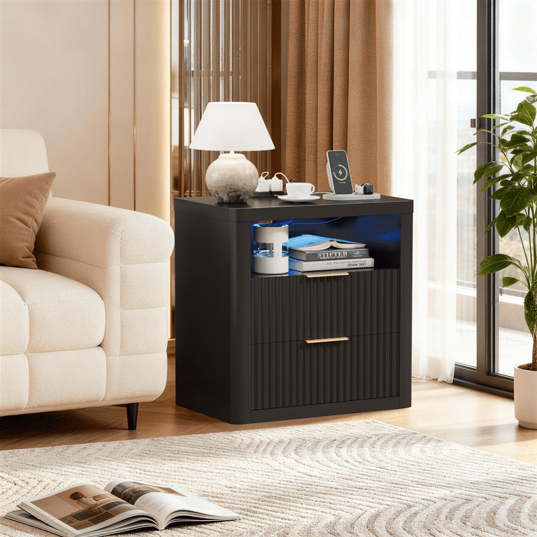 Homall Nightstand with Charging Station & LED Lights, Heavy-Duty Modern End Table with 2 Drawers, Bedside Table for Bedroom, Living Room, Black