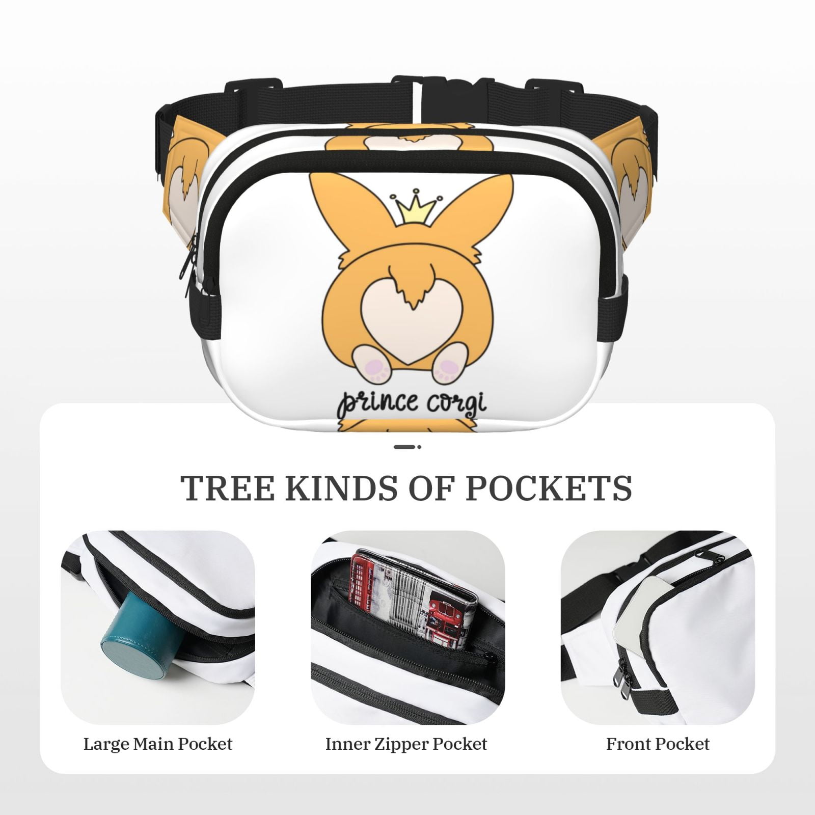 Hirioo Prince Corgi Dog for Double Layer Waist Bag Adjustable Fanny Pack For Travel Running Hiking