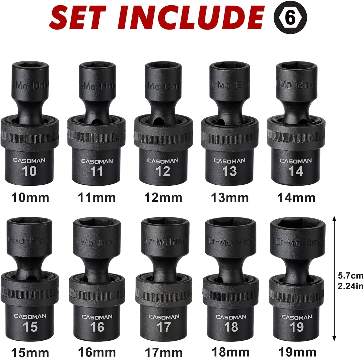 CASOMAN PRO 10 PCS 3/8" Drive Standard Universal Impact Socket Set, 6 Point, CR-MO, Metric,10-19mm